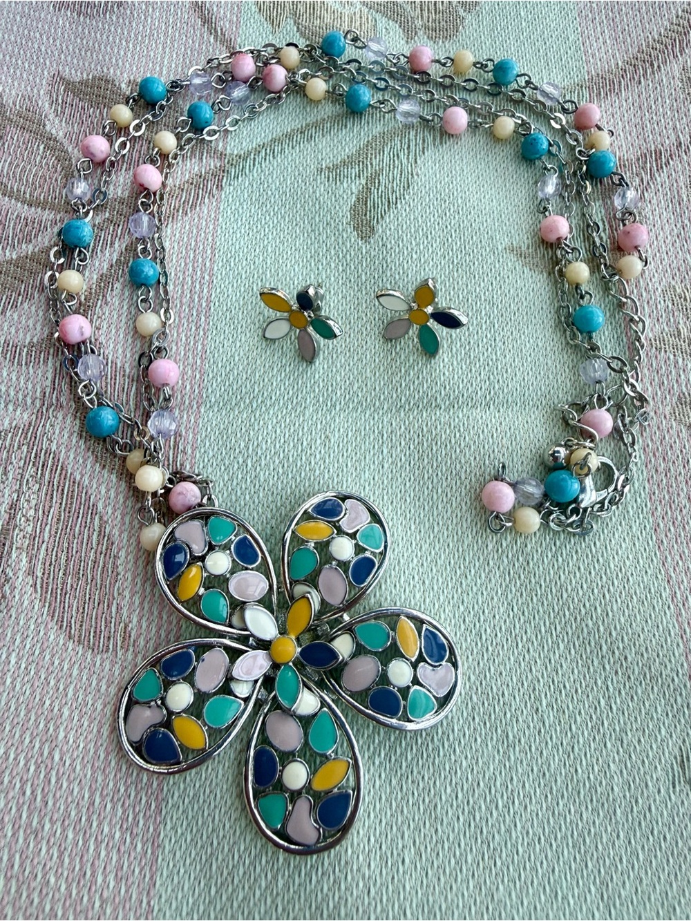 Two-Strand Beaded Flower Pendant Necklace and Earrings - Pink Blue Yellow Cream